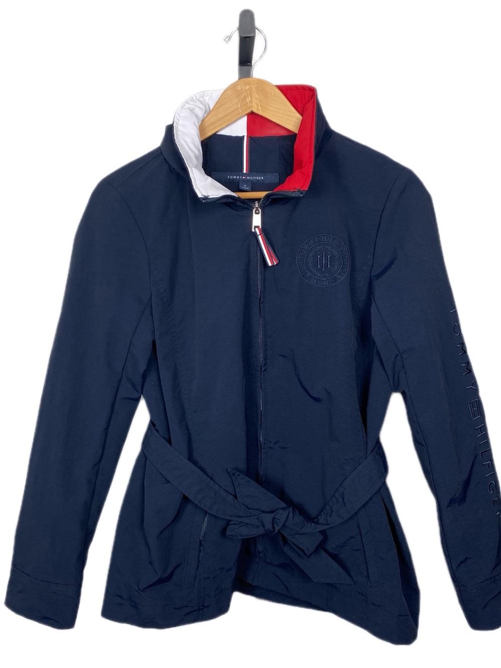 Tommy Hilfiger Women's Blue Zip Front Hooded Belted Jacket Navy Windbreaker